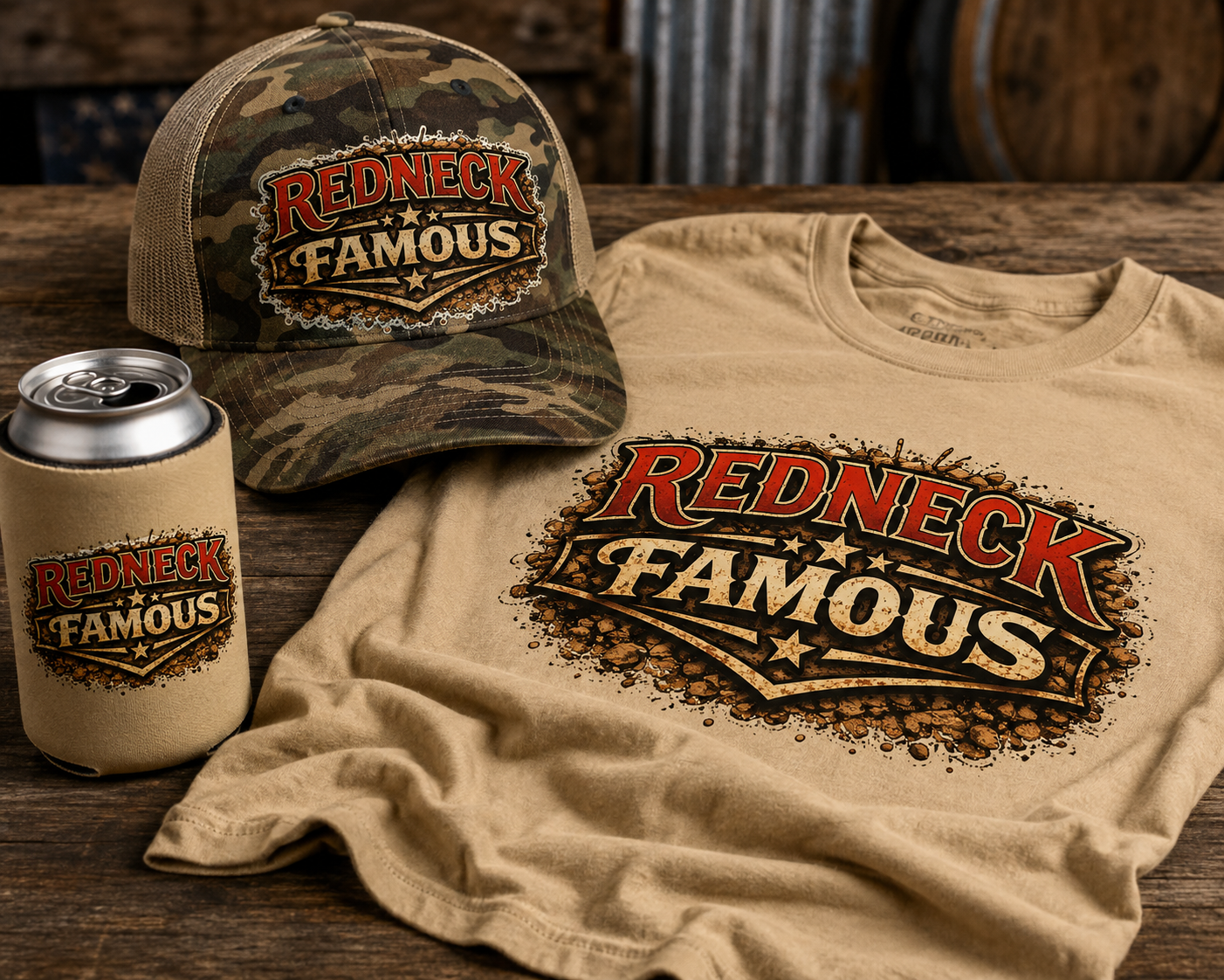 Redneck Famous design preview on a camouflage hat, tan shirt, and can cooler