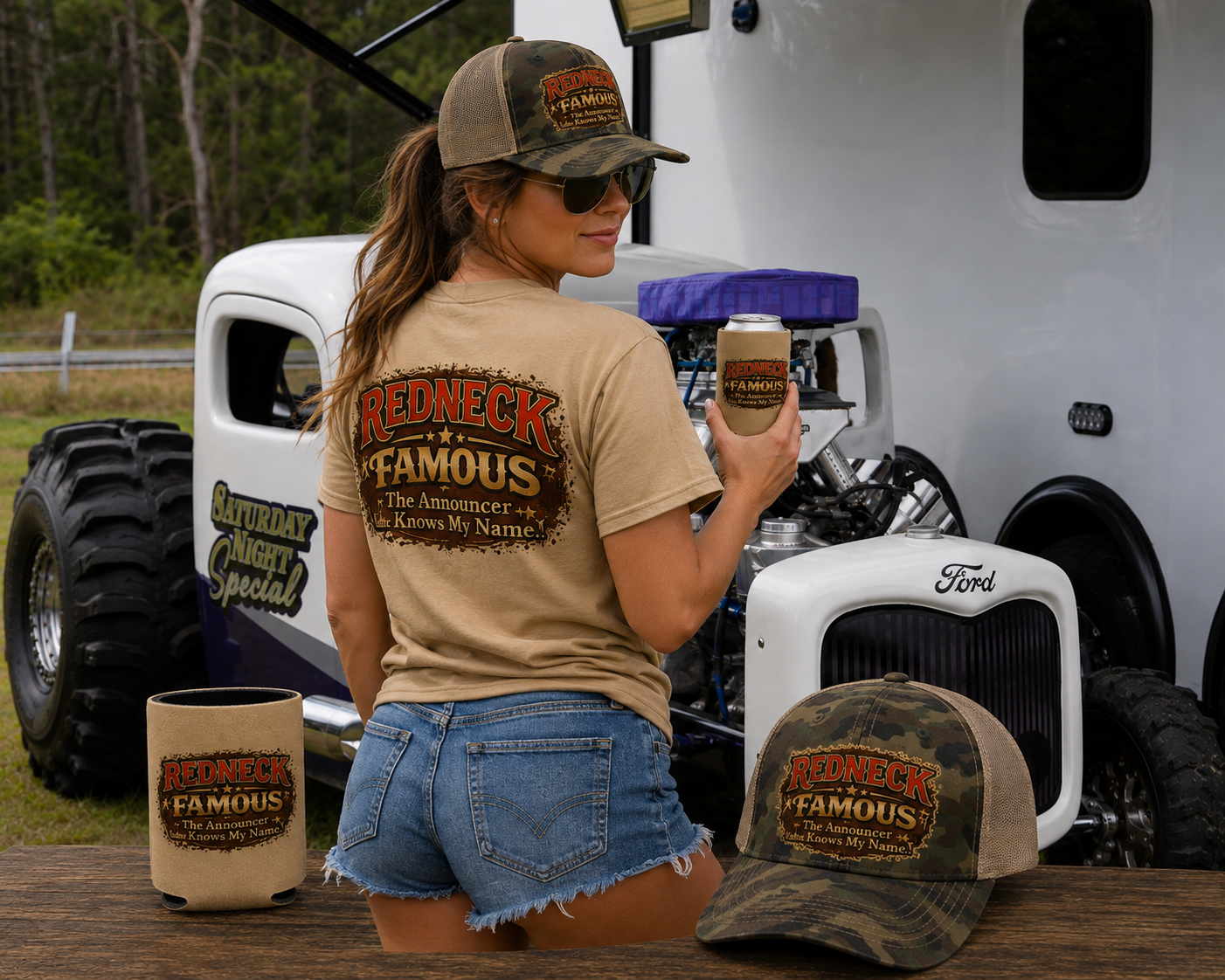 Redneck Famous apparel concept beside a race truck
