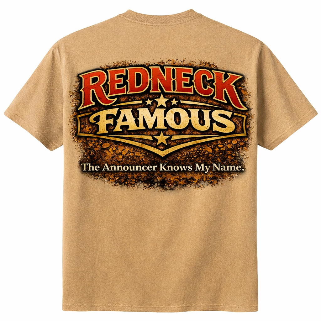 Tan Redneck Famous shirt design with The Announcer Knows My Name slogan